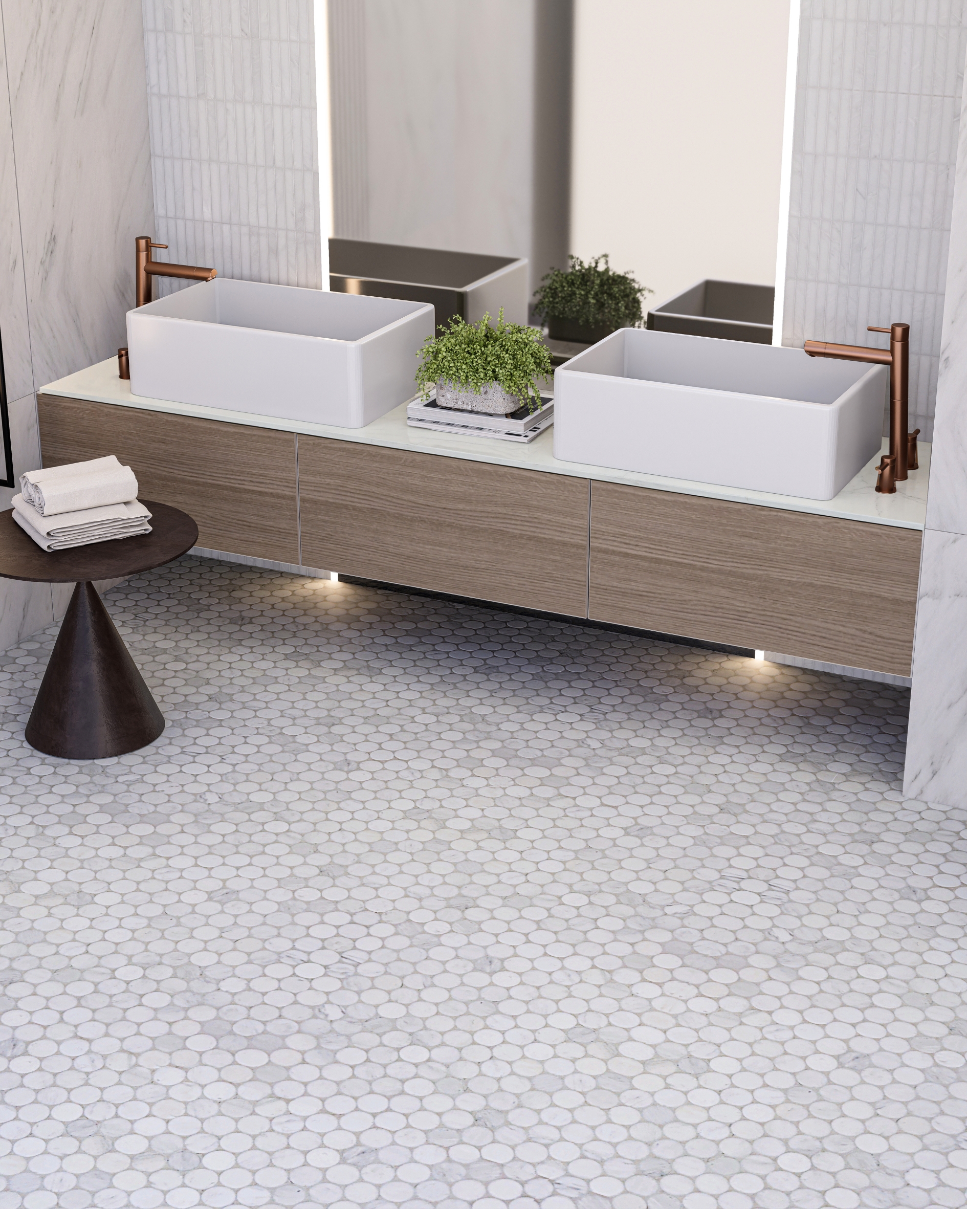 Dynasty White Luxury Bathroom Penny Round Floor