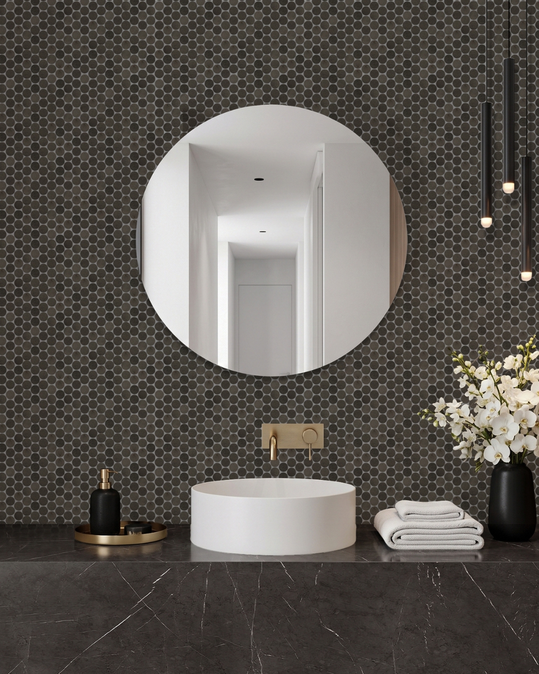 Luxury Bathroom Vanity Black Penny Rounds Basalt Allstone Marble & Tile
