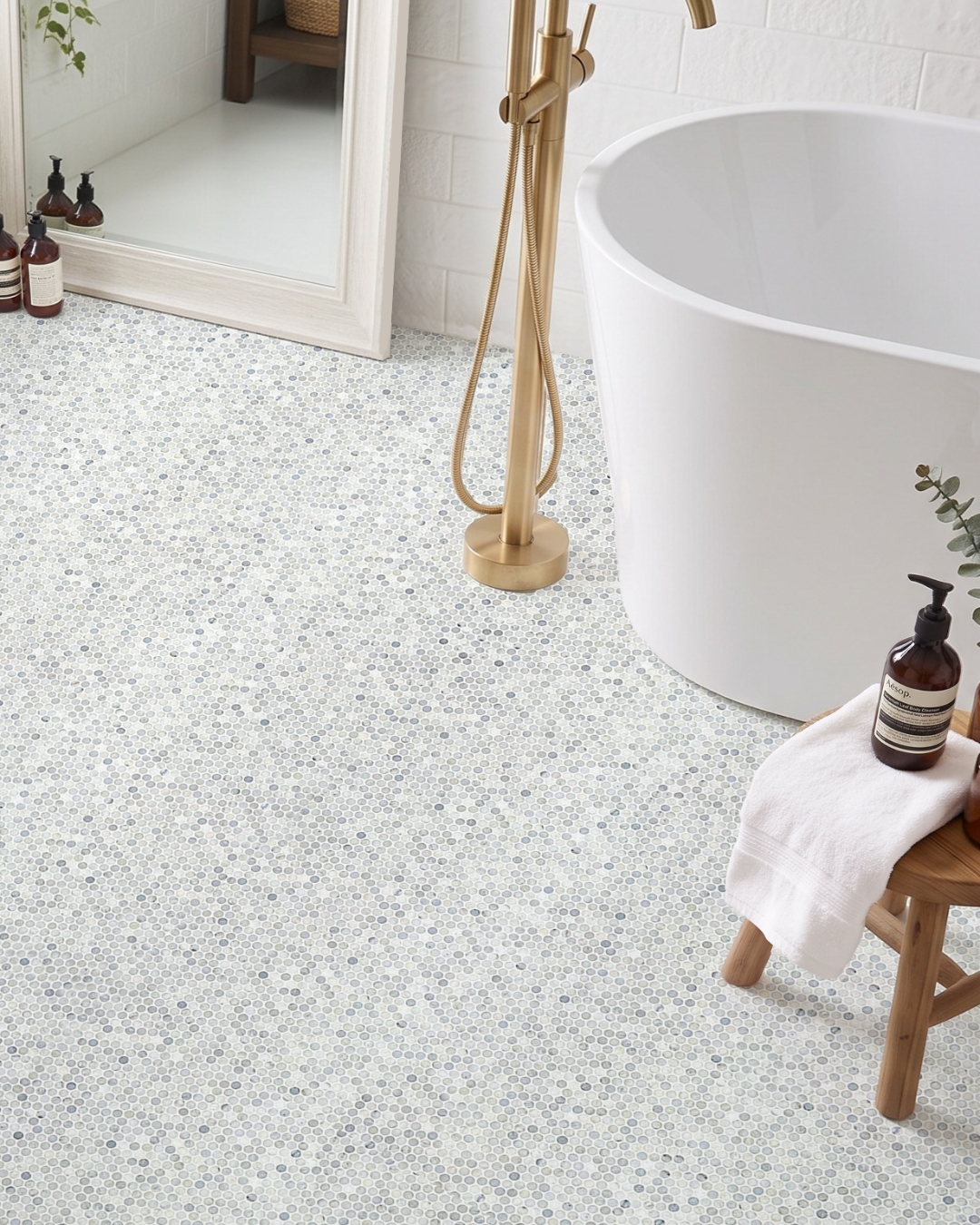 Modern Bathroom with Blue Penny Round Mosaic Floor