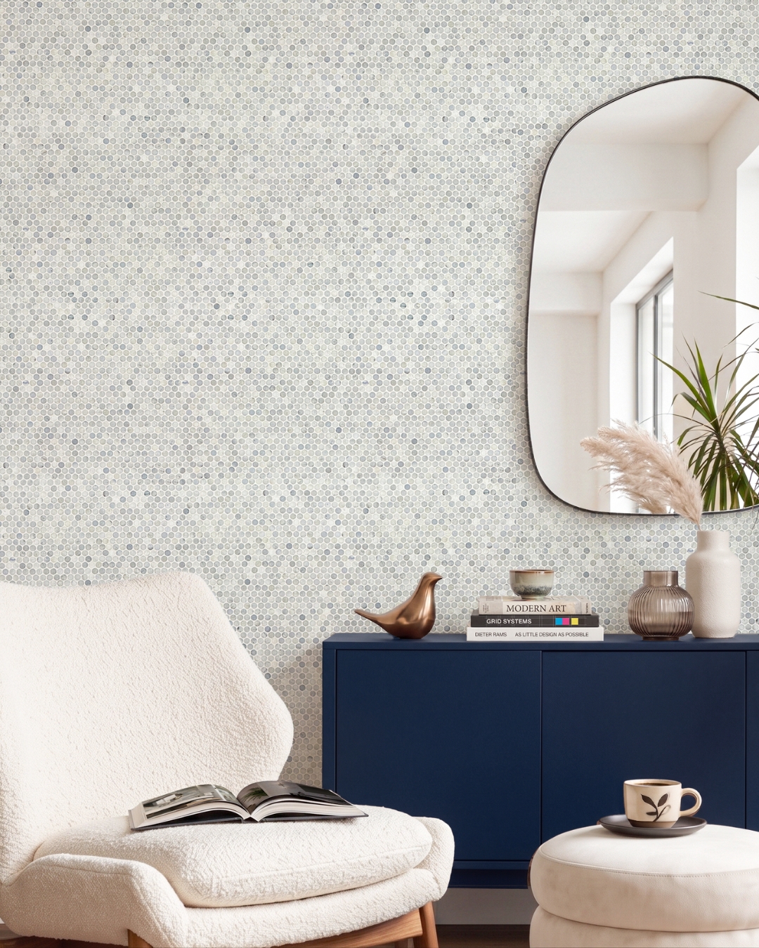 Modern Living Room with Blue Penny Round Mosaic Wall
