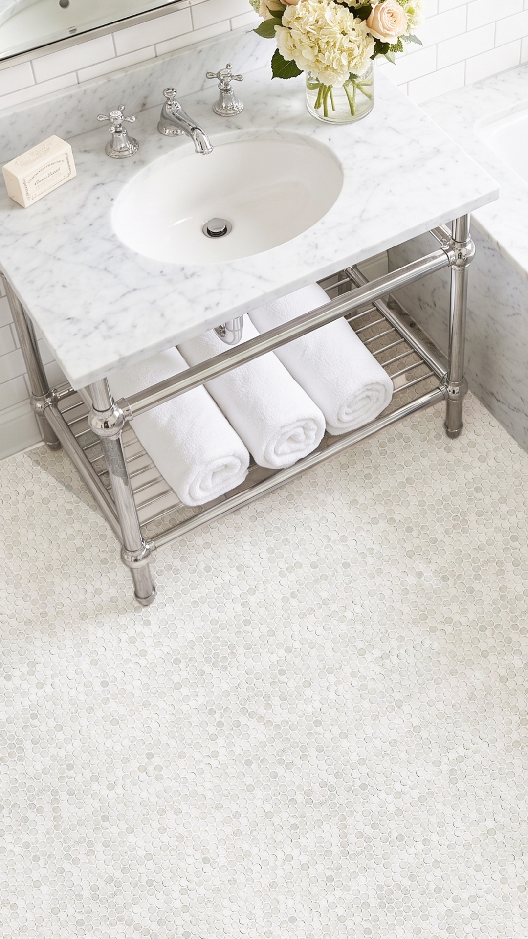 Ice White Penny Rounds Luxury Bathroom White Bathroom Design