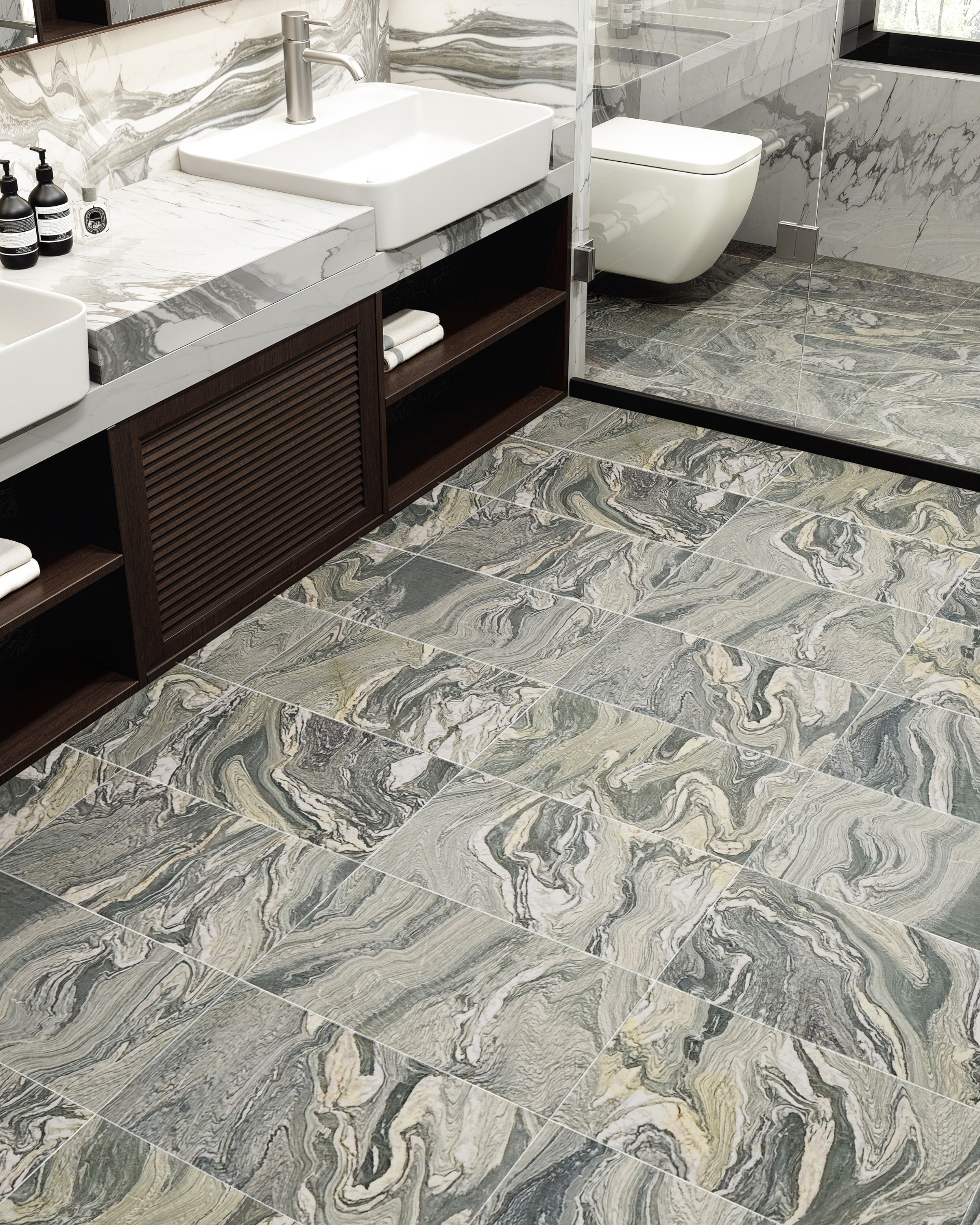 Cipollino Bathroom Floor Luxury Bathroom With green marble NJ marble and tile