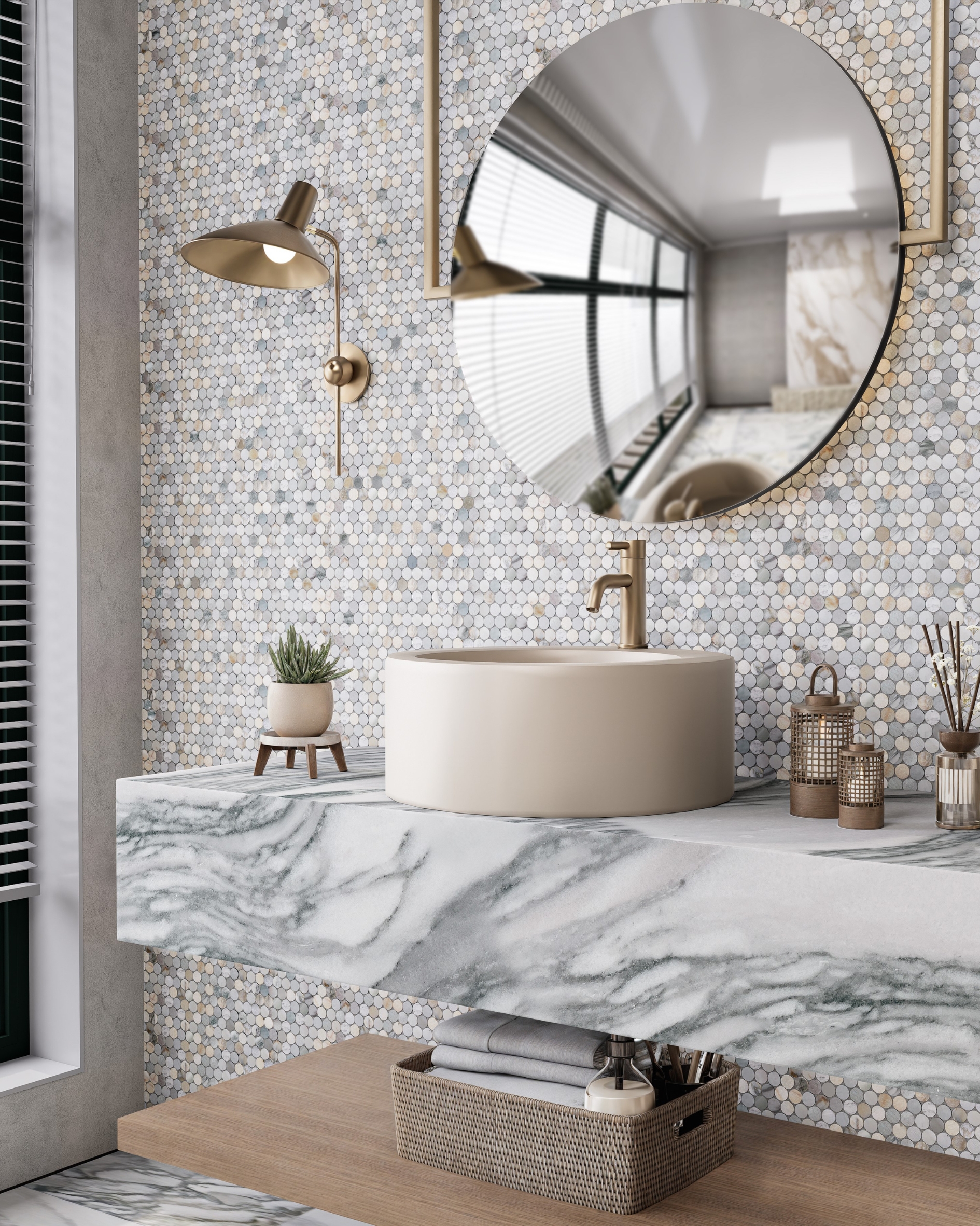 Calacatta Verde Gold Luxury Bathroom Penny rounds marble bathroom NJ marble tile