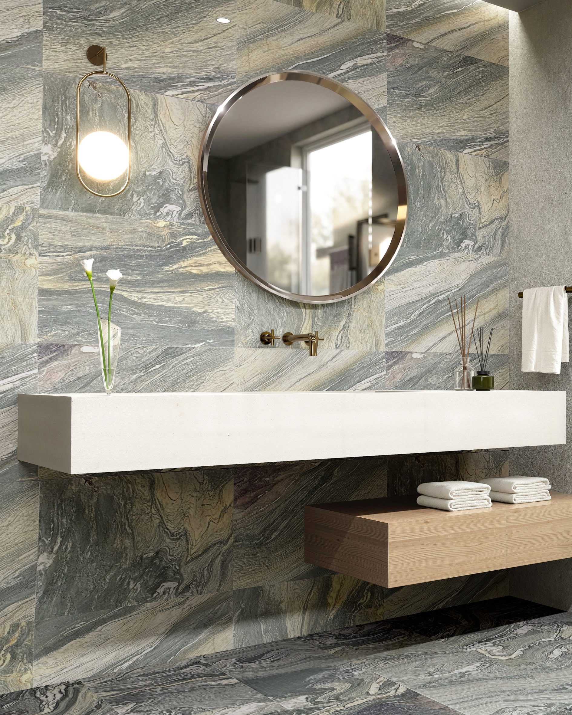 Cipollino Bathroom Vanity Green Marble Backsplash Luxury Bathroom