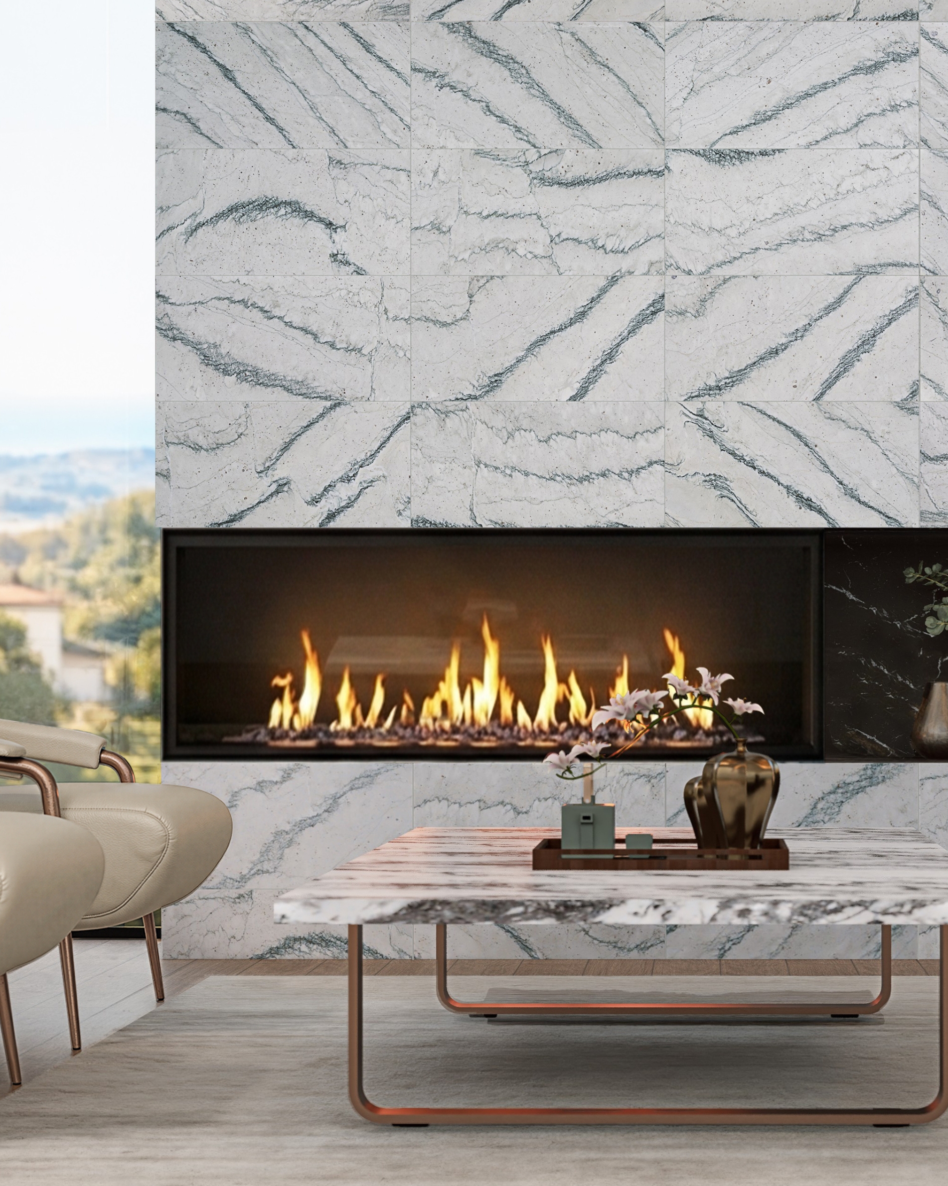 Cipollino Cremo Luxury Marble Fireplace Living Room