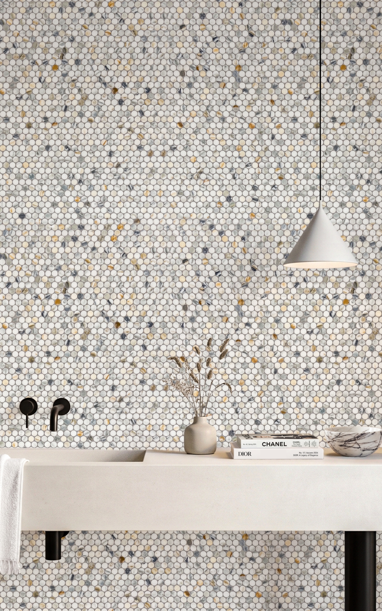 Calacatta Verde Gold Penny Rounds Modern Bathroom Backsplash